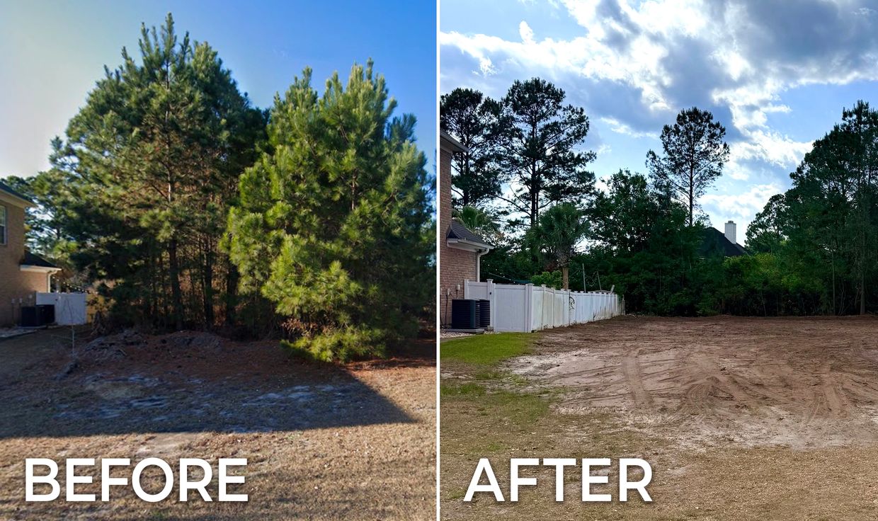 Pre-Site Land Clearing: Mass removal of trees, stumps, and other overgrown brush to turn wooded area