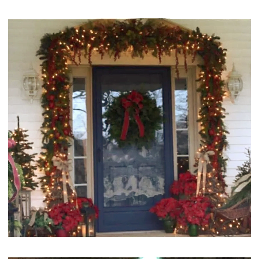 Front Exterior Entrance with Green garland and Christmas decoration.