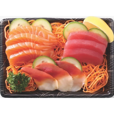 Deluxe Sahimi Box. A selection of fresh salmon, Fresh Tuna and fresh crab. Served with Wasabi, Soya.