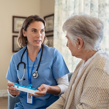 Home Health Care Nurse holding a med box talking with her client about medications 