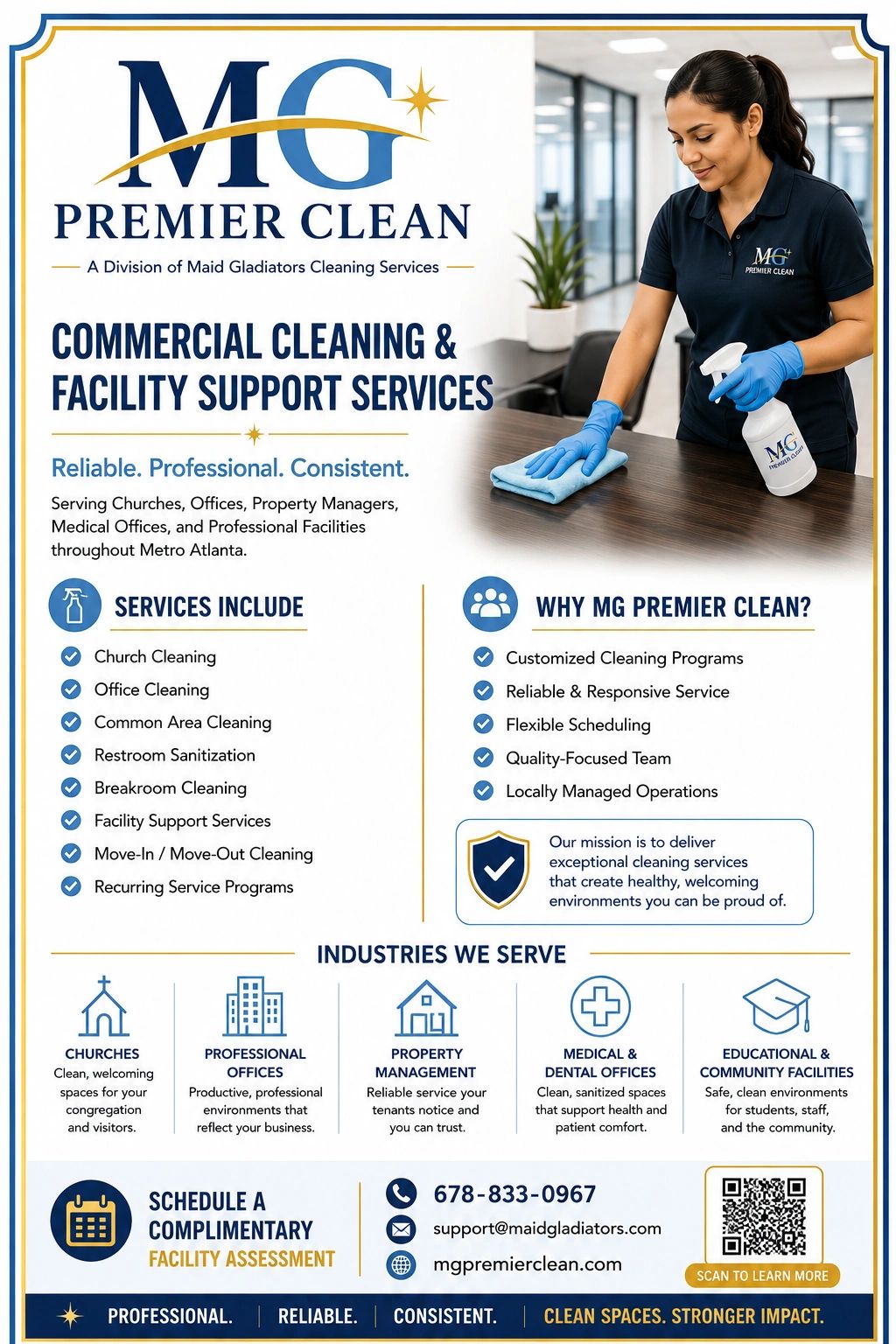 MG Premier Clean offers commercial cleaning and facility support services in Metro Atlanta.