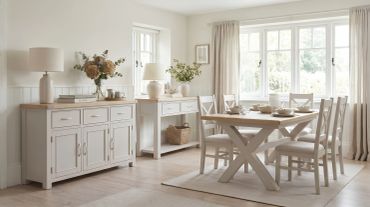 Bright beige dining room with wooden furniture and natural light.