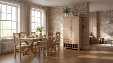 Bright rustic dining area with wooden furniture and stone walls.