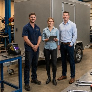 Three professionals standing in a workshop with a trailer and tools.