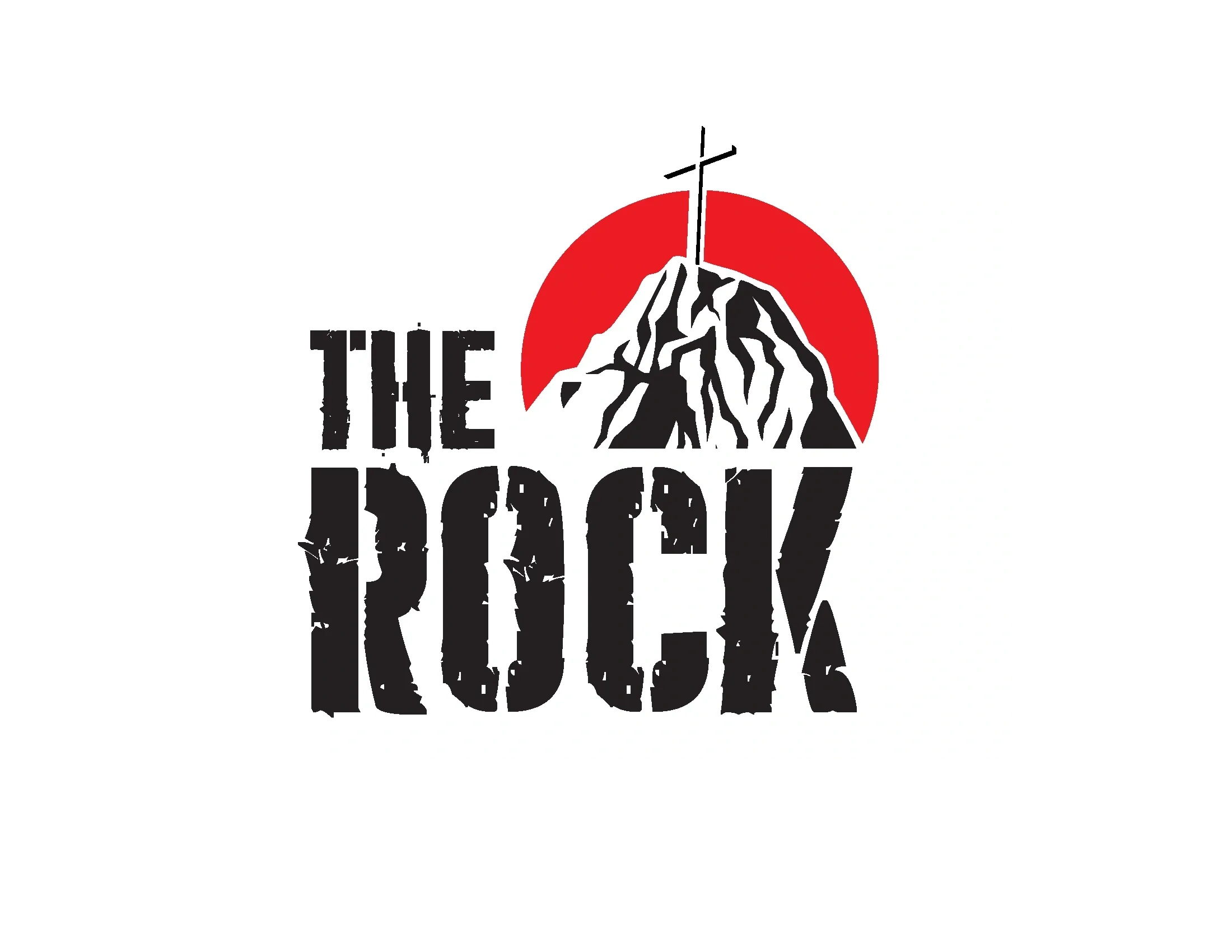 Logo of 'The Rock' with a mountain and a cross against a red circle.
