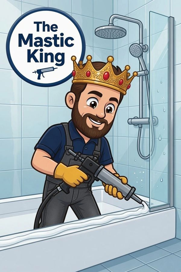 Cartoon man with crown applying sealant in a bathroom titled 'The Mastic King'.