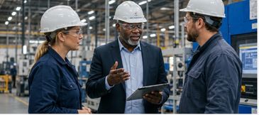 Three factory workers discussing work while wearing safety helmets.