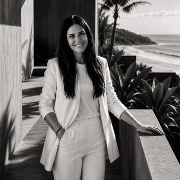 Woman in white suit smiling on a balcony by the beach.