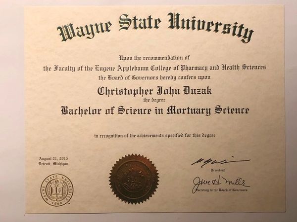 Bachelor of Science degree in Mortuary Science from Wayne State University.