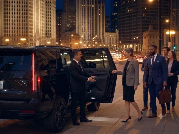 A chauffeur opens a luxury car door for a businesswoman.