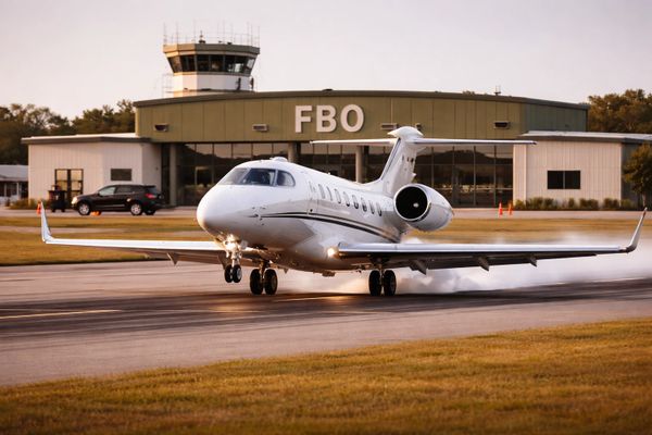 Private jet landing on runway at an FBO facility during sunset.