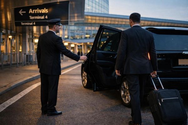 Chauffeur opening car door for businessman at airport arrivals.