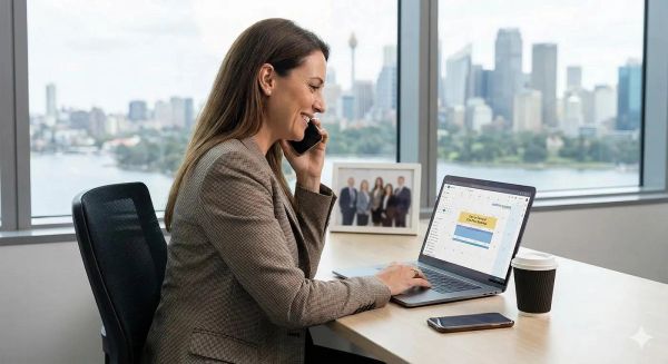 Woman in an office making a phone call while working on a laptop.