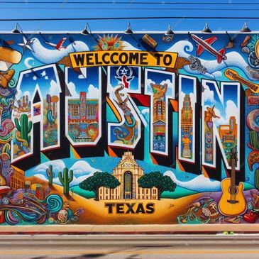 Colorful mural welcoming visitors to Austin, Texas with vibrant local symbols.