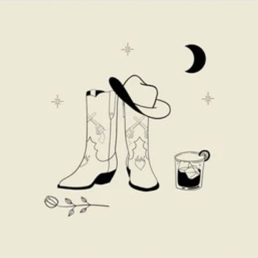 Western cowboy boots, hat, drink, and rose illustration with stars and crescent moon.