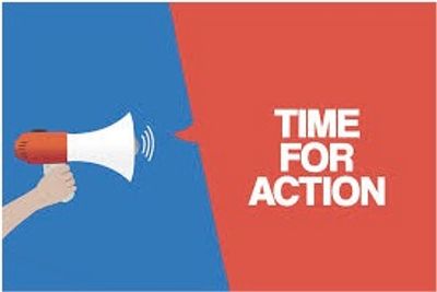 Blue and red image with a megaphone, the text reads 'Time For Action' re. climate change