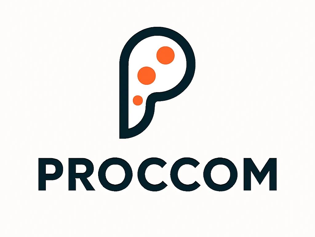 Minimalist logo with a stylized 'P' and orange dots above the word PROCCOM.