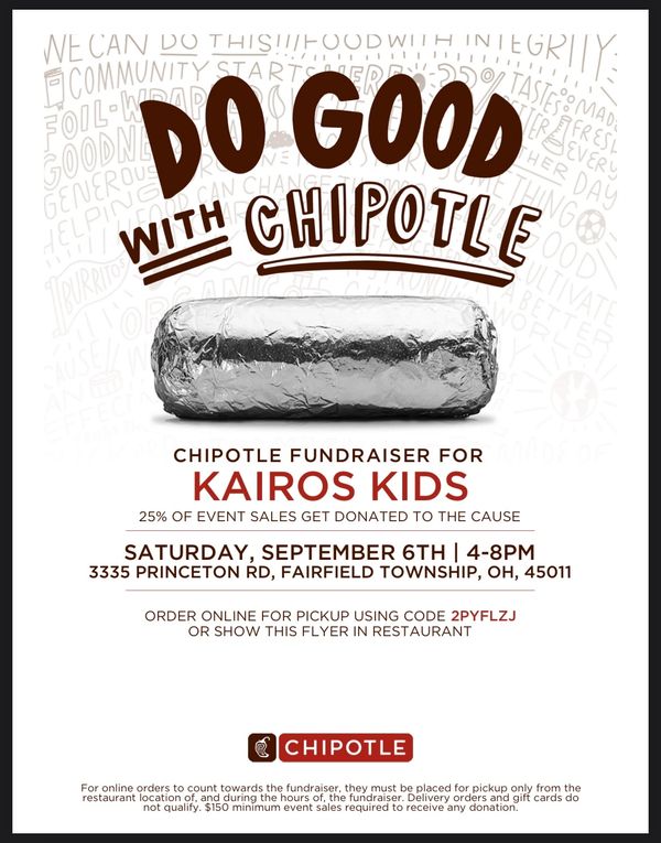 Chipotle fundraiser supports Kairos Kids with 25% of sales donated.