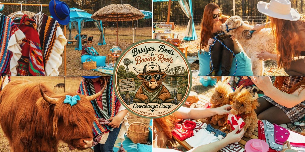 Cowabunga Camp in Bridgeport, Texas with cozy outdoor setup and Highland cattle.