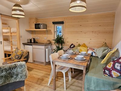 Family glamping bothy interior, Sherwood Pines Campsite
