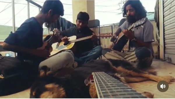 Three men playing guitars with a sleeping dog.