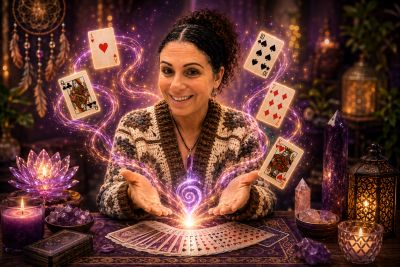 A woman performing magical card tricks surrounded by glowing candles and crystals.
