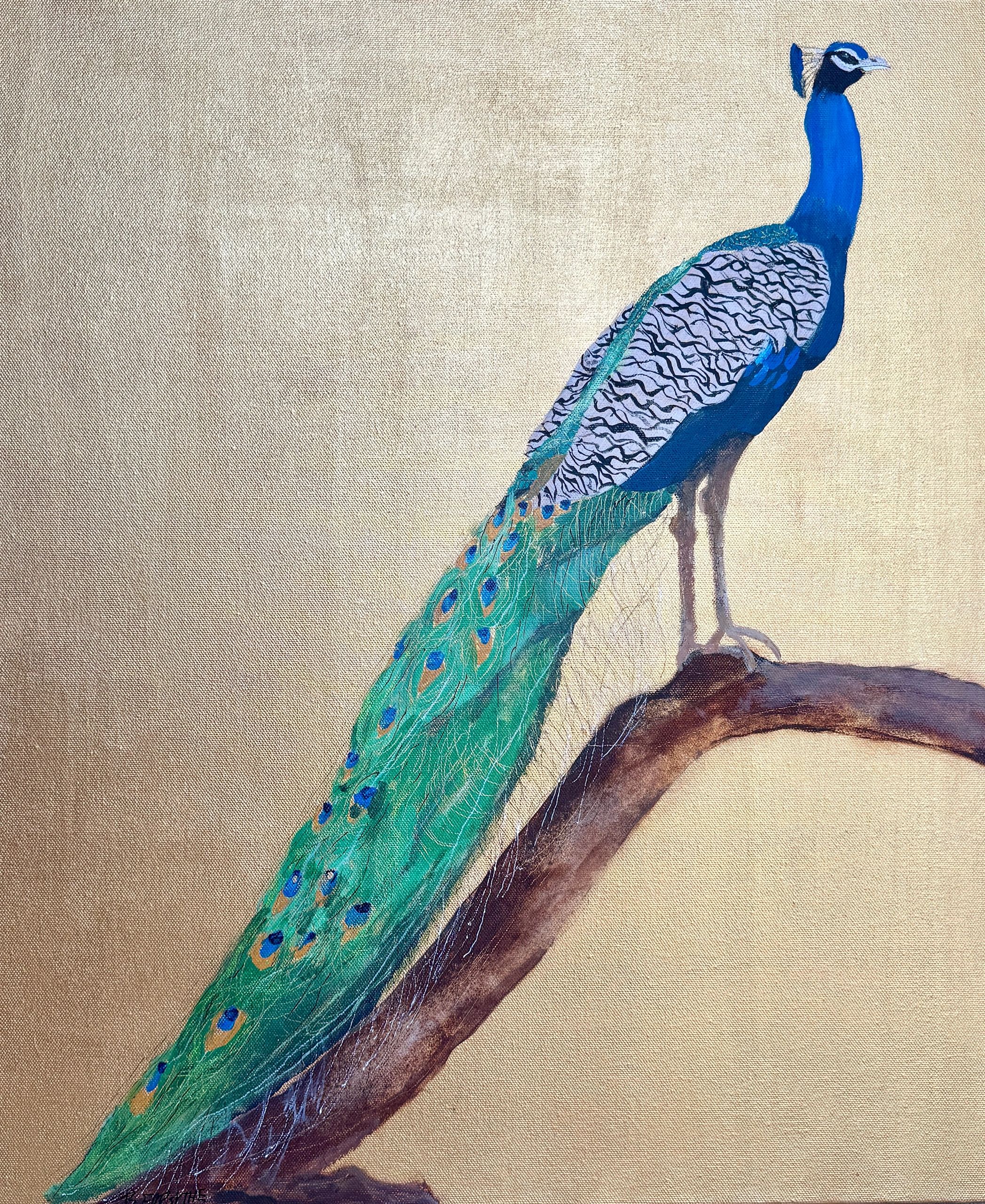 peacock on branch with gold background