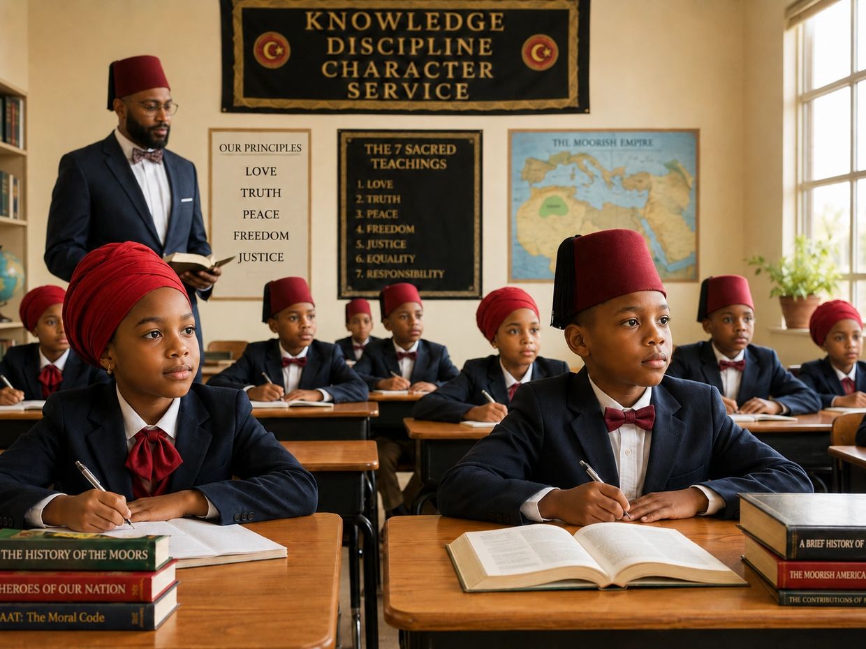 Children in traditional dress studying with a teacher in a classroom.