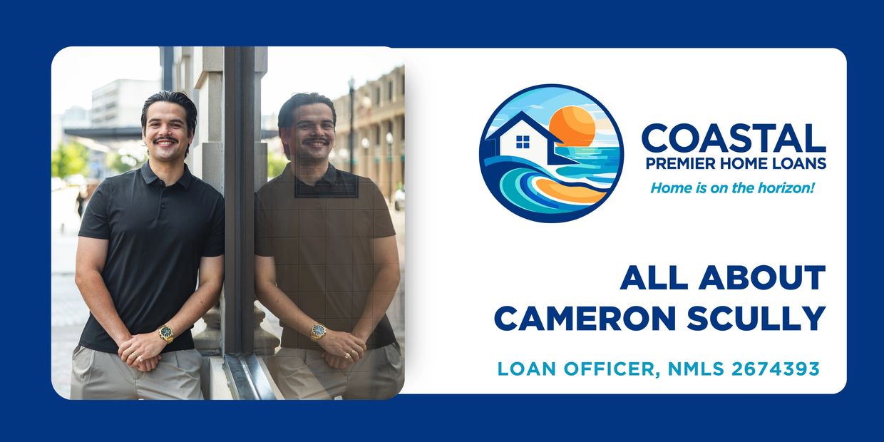 Smiling loan officer Cameron Scully stands by a reflective window for Coastal Premier Home Loans.