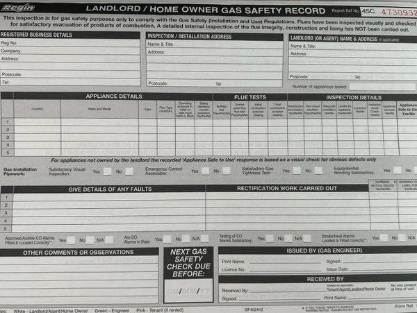 Landlord gas safety certificate LGSR for rental property inspection and compliance in London
