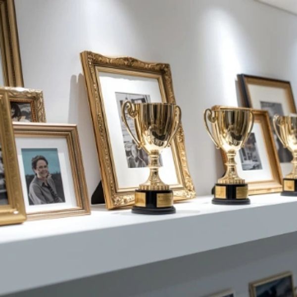 Immagine con una collezione di quadri appesi alle pareti e trofei esposti su una mensola, simbolo di