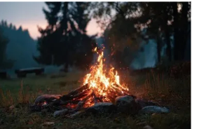 Een knetterend kampvuur in het bos bij schemering.