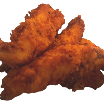 Golden, crispy fried chicken tenders stacked together.