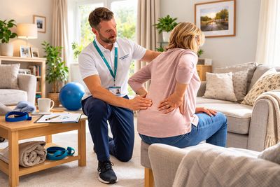 Physiotherapist examining a woman with back pain in a cozy living room.