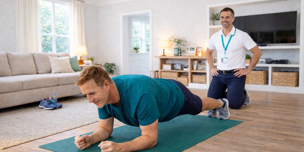 Middle-aged man doing plank exercise while Physiotherapist watches in a living room.