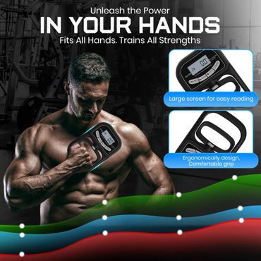 Muscular man using a digital hand grip strengthener with ergonomic design and large screen.