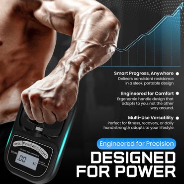 Muscular arm using an electronic hand dynamometer for strength training.