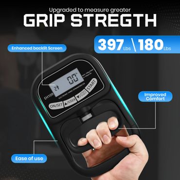 Electronic hand dynamometer measuring grip strength up to 397 lbs with enhanced screen and comfort.