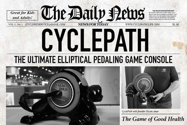 Newspaper front page showcasing CyclePath elliptical pedaling game console and its founder.