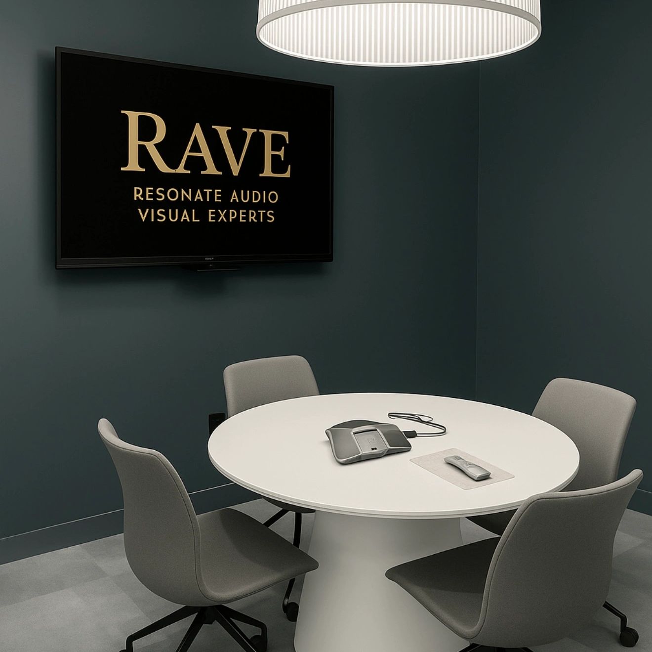 Modern meeting room with round table and screen displaying RAVE logo.