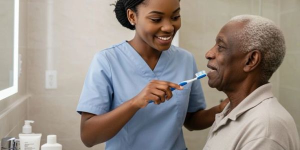 Nurse assists elderly man with tooth brushing.