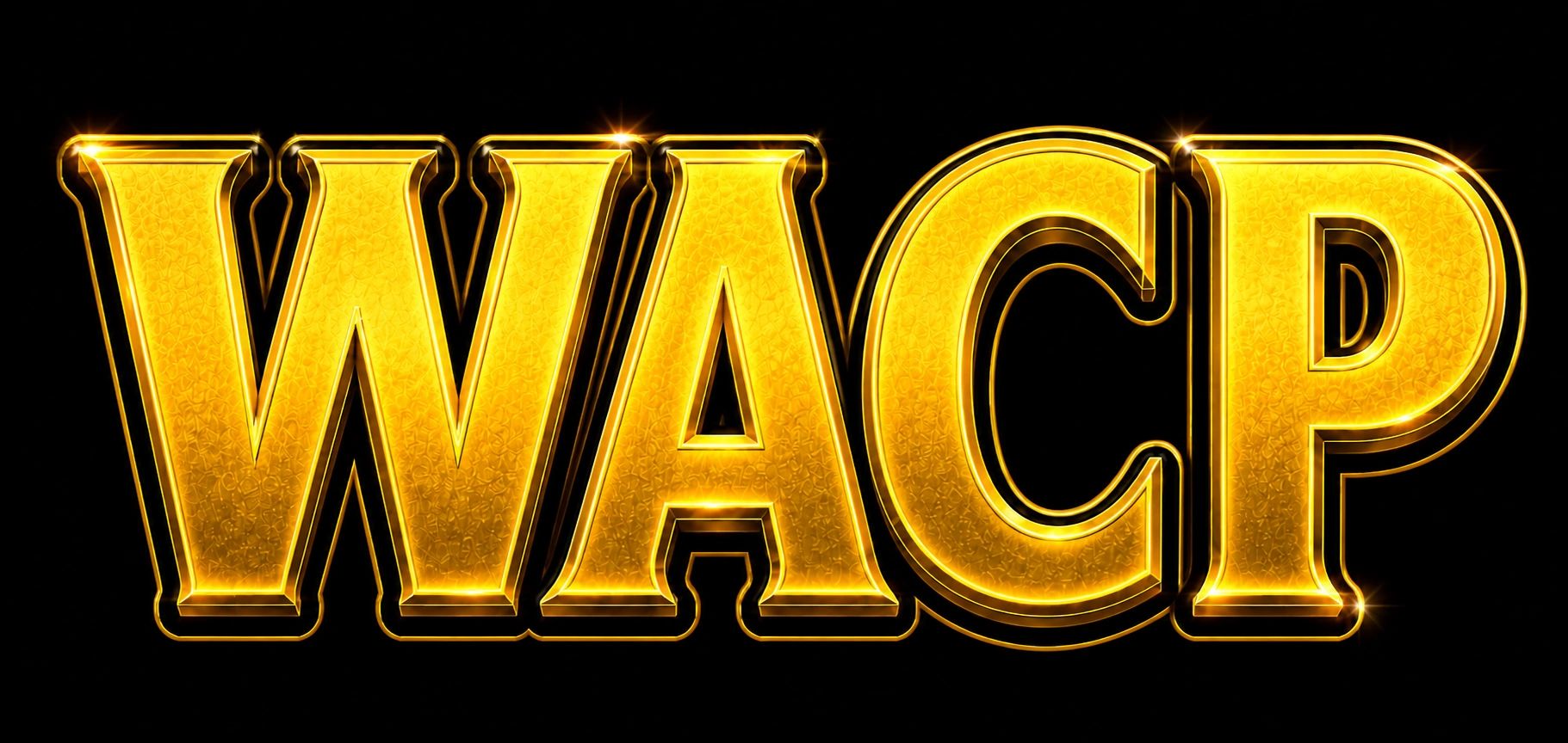 Golden shiny letters spelling WACP on black background.