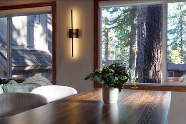 Indoor wooden table with a potted plant and large windows showing a forest view.