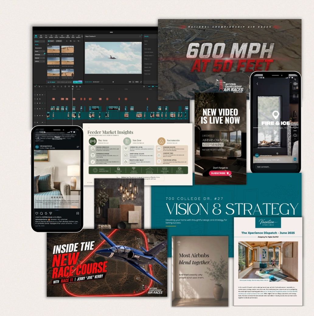 Collage of diverse digital content including videos, social media, and design strategies.