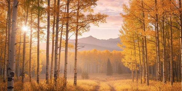 Sunlit autumn forest path with golden leaves and distant mountains.