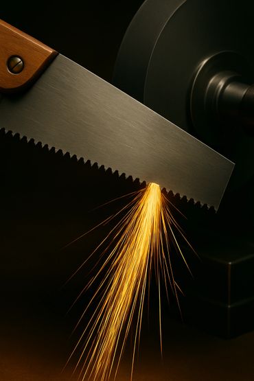 A saw blade being sharpened with sparks flying.