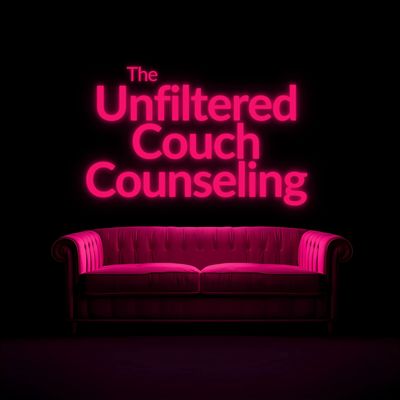 Neon pink sign 'The Unfiltered Couch Counseling' above a matching pink couch in darkness.