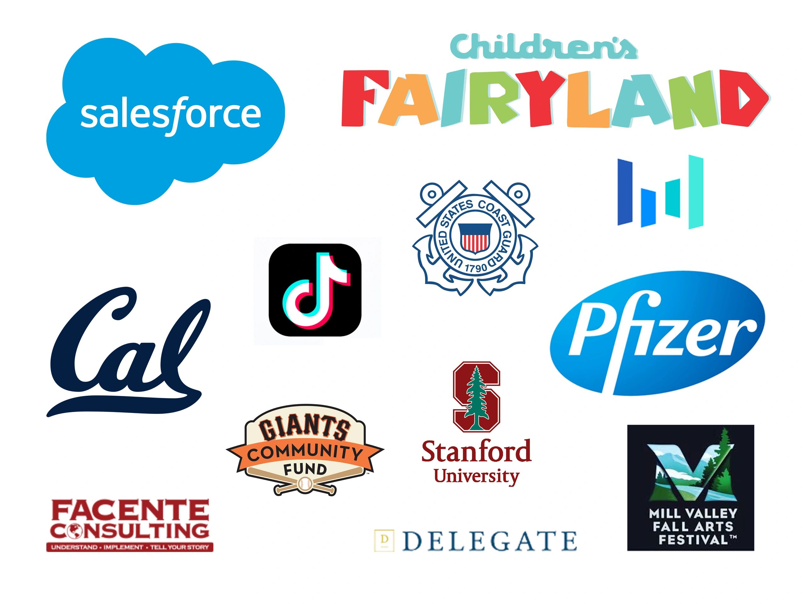 Client logos who have worked with magician Brian Scott. Salesforce, Fairyland, Pfizer Tik Tok and ma