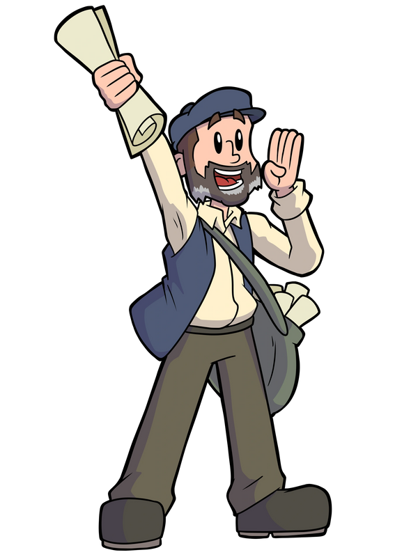 Cartoon version of magician Brian Scott holding a newspaper above his head like a newsie.