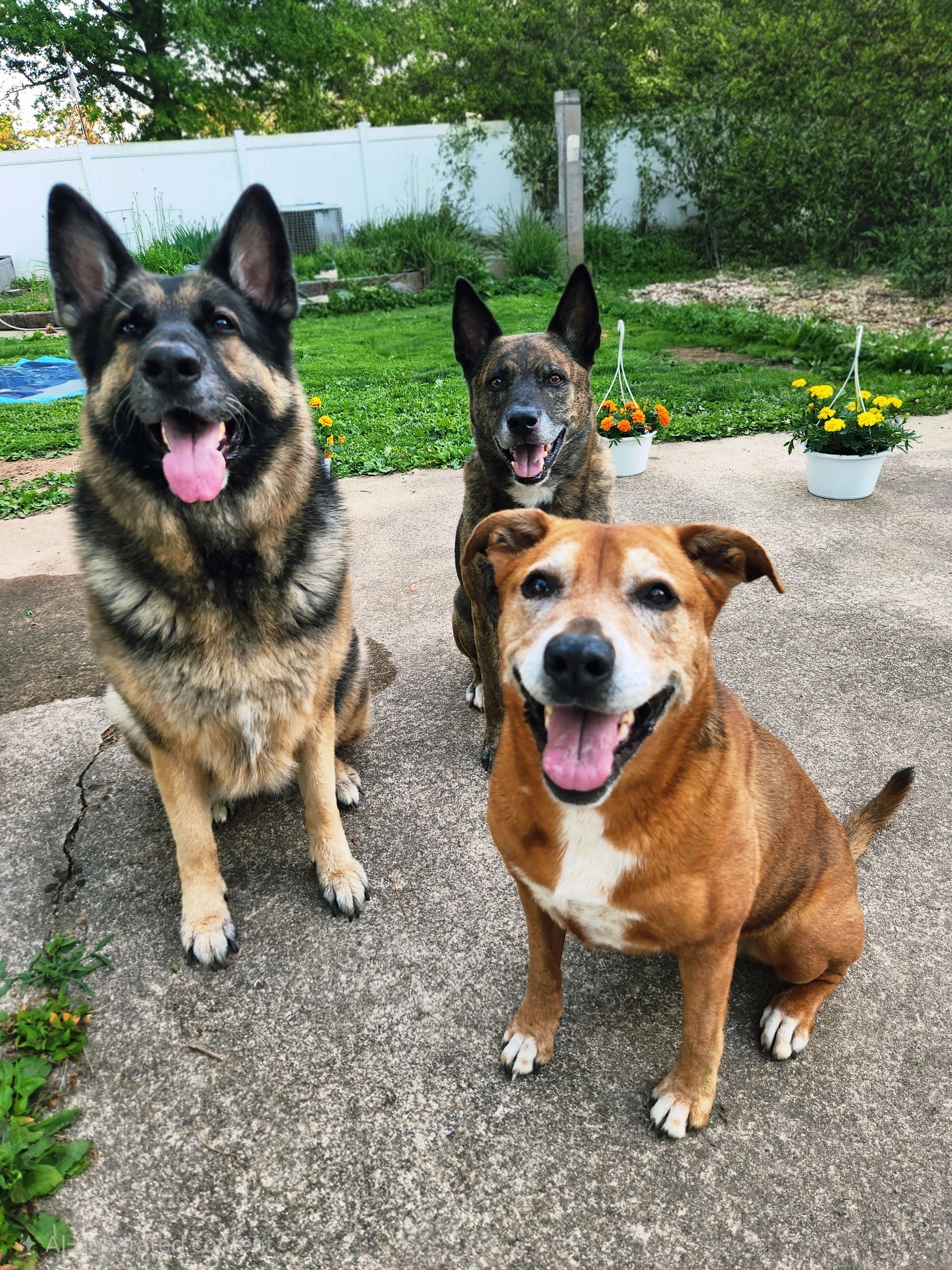 Three happy dogs sitting on a concrete path outdoors.